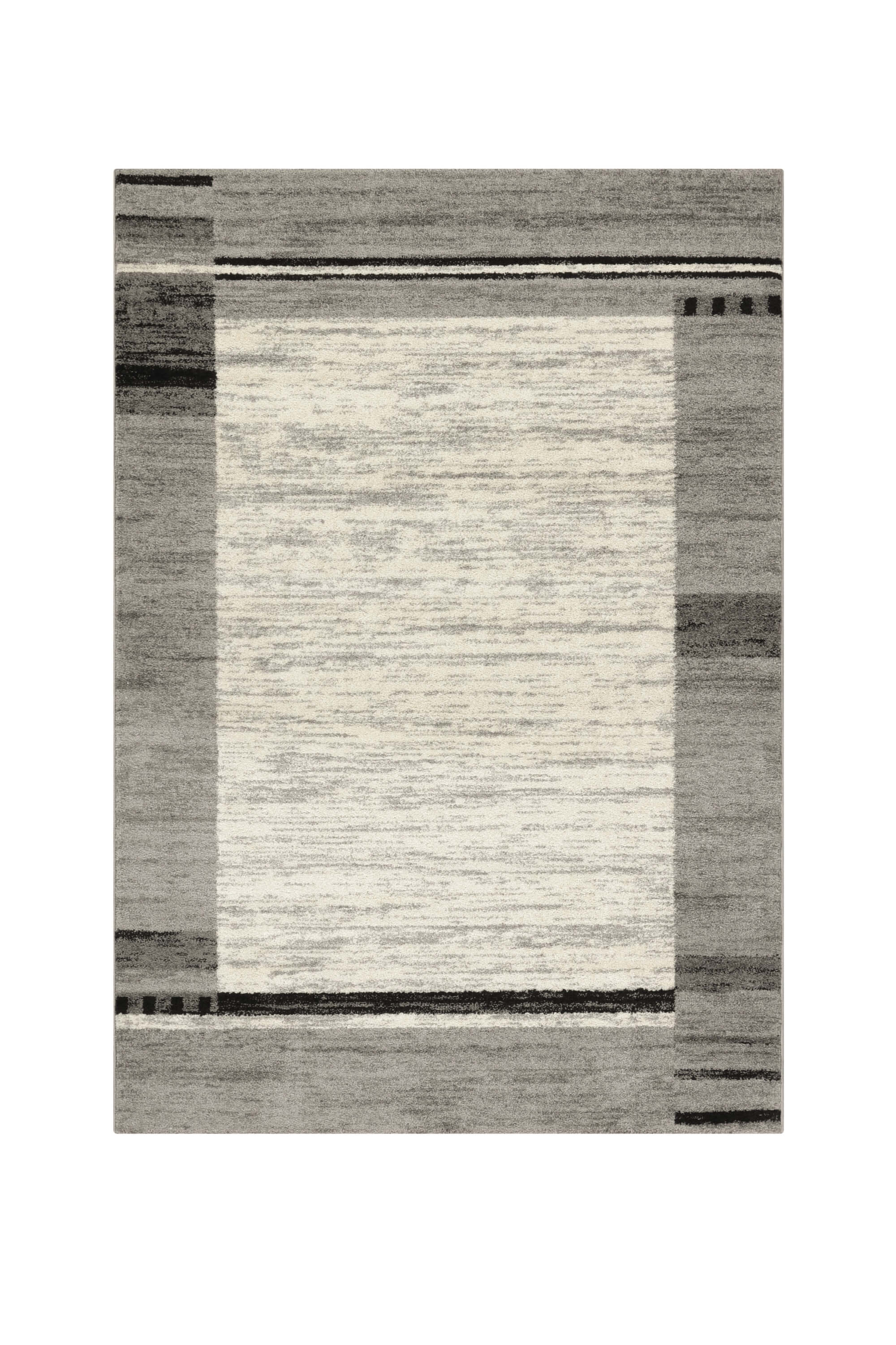 Teppich Cleo – Grau mit Klassisches Bordürenmuster – Kurzflor – pflegeleicht & modern