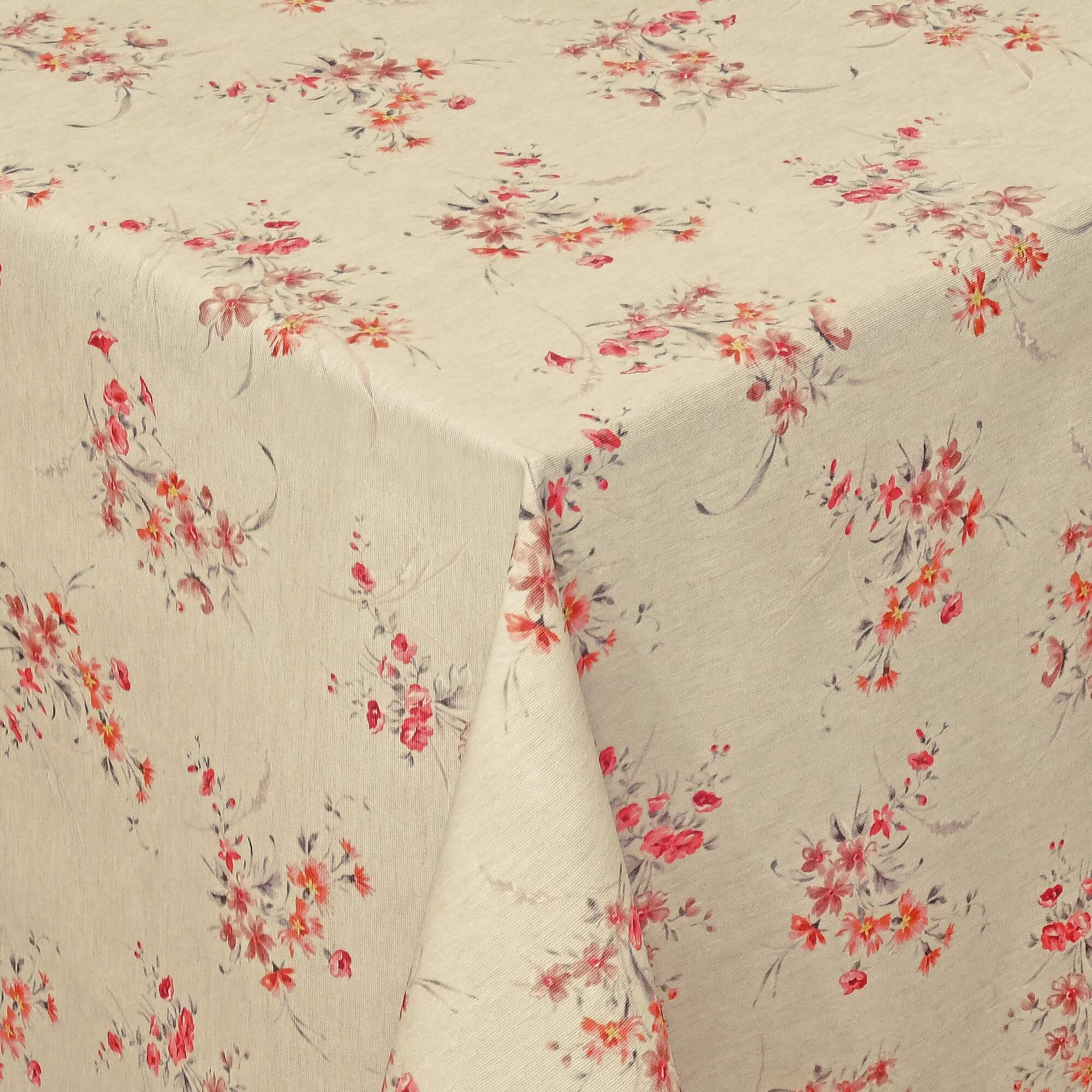 Abwaschbare Tischdecke mit Fleckschutz - Leinenoptik, Blumenfelder in Rosa, Rot-Beige