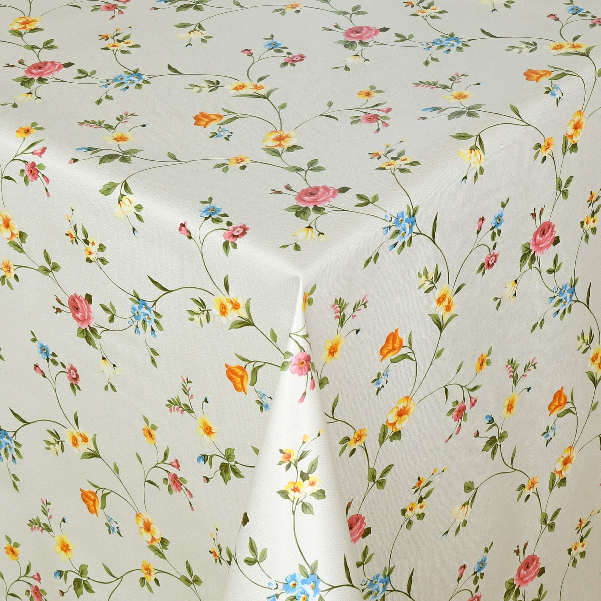Tischdecke Abwaschbar Wachstuch Blumenranken-Motiv Bunt auf Creme im Wunschmaß