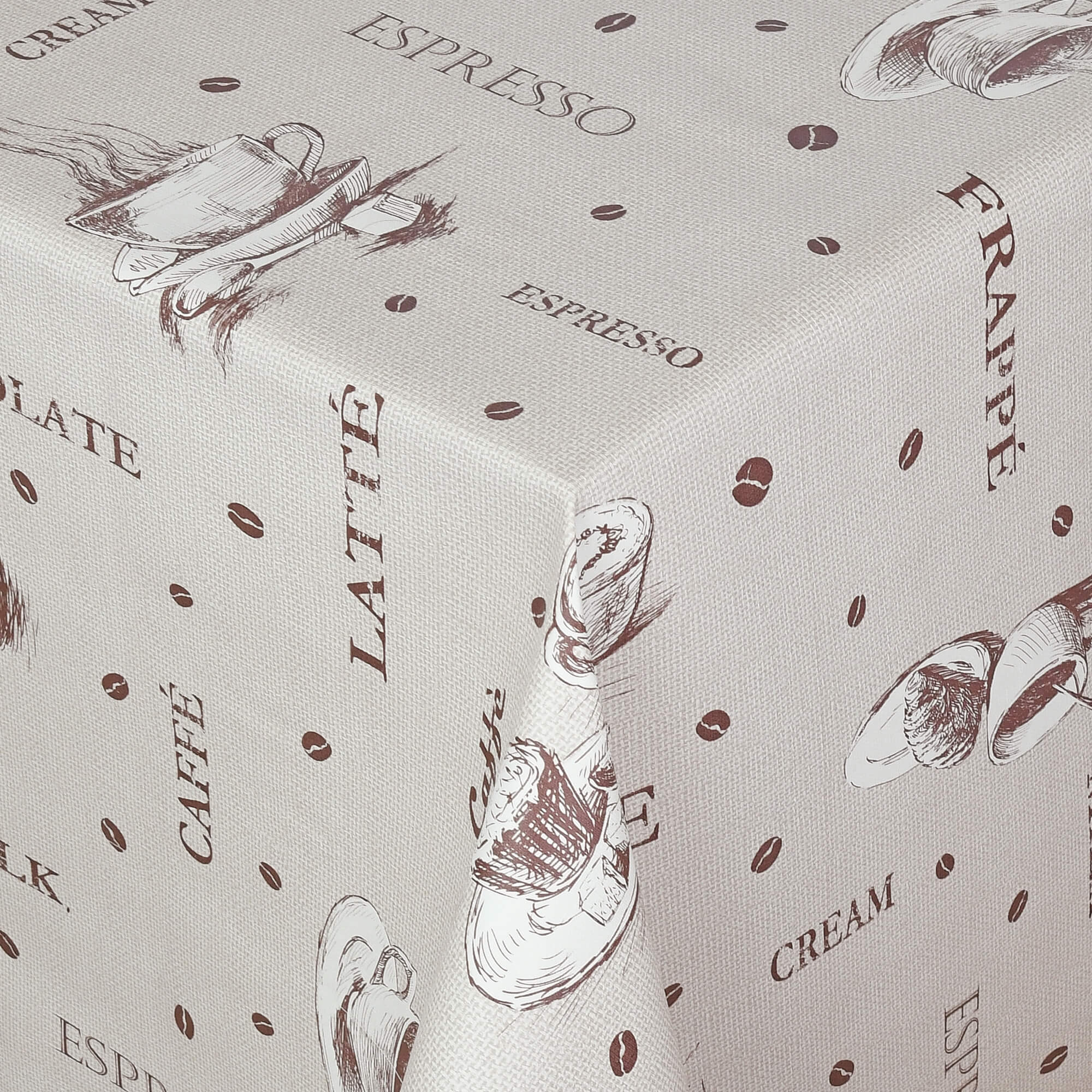 Tischdecke Abwaschbar Wachstuch Kaffeehaus-Motiv Braun auf Beige im Wunschmaß