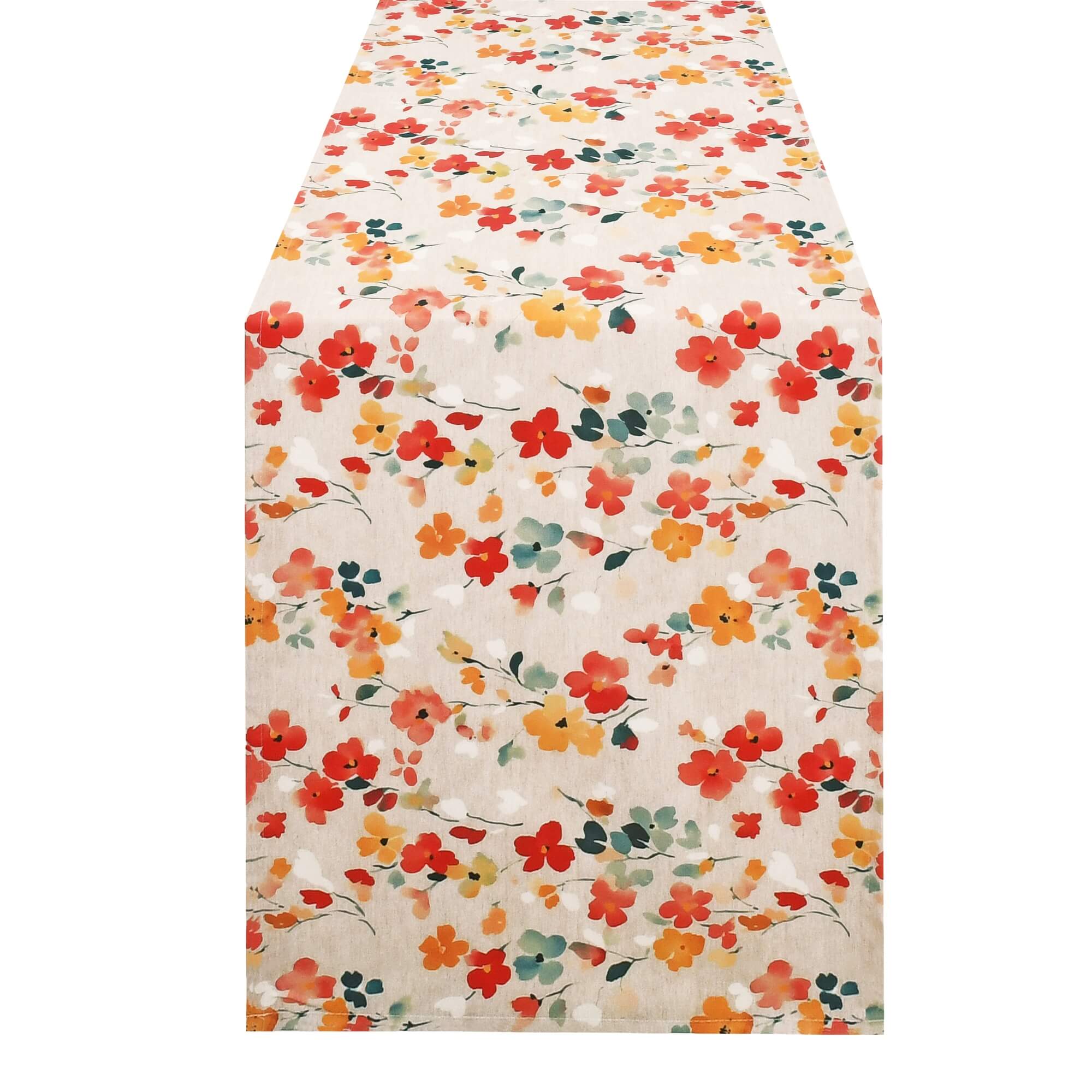 Moderno® Tischläufer abwaschbar mit Fleckschutz – Buntes Blumenmuster in Rot, Orange & Gelb auf hellem Grund Moderno® Tischläufer abwaschbar mit Fleckschutz – Buntes Blumenmuster in Rot, Orange & Gelb auf hellem Grund