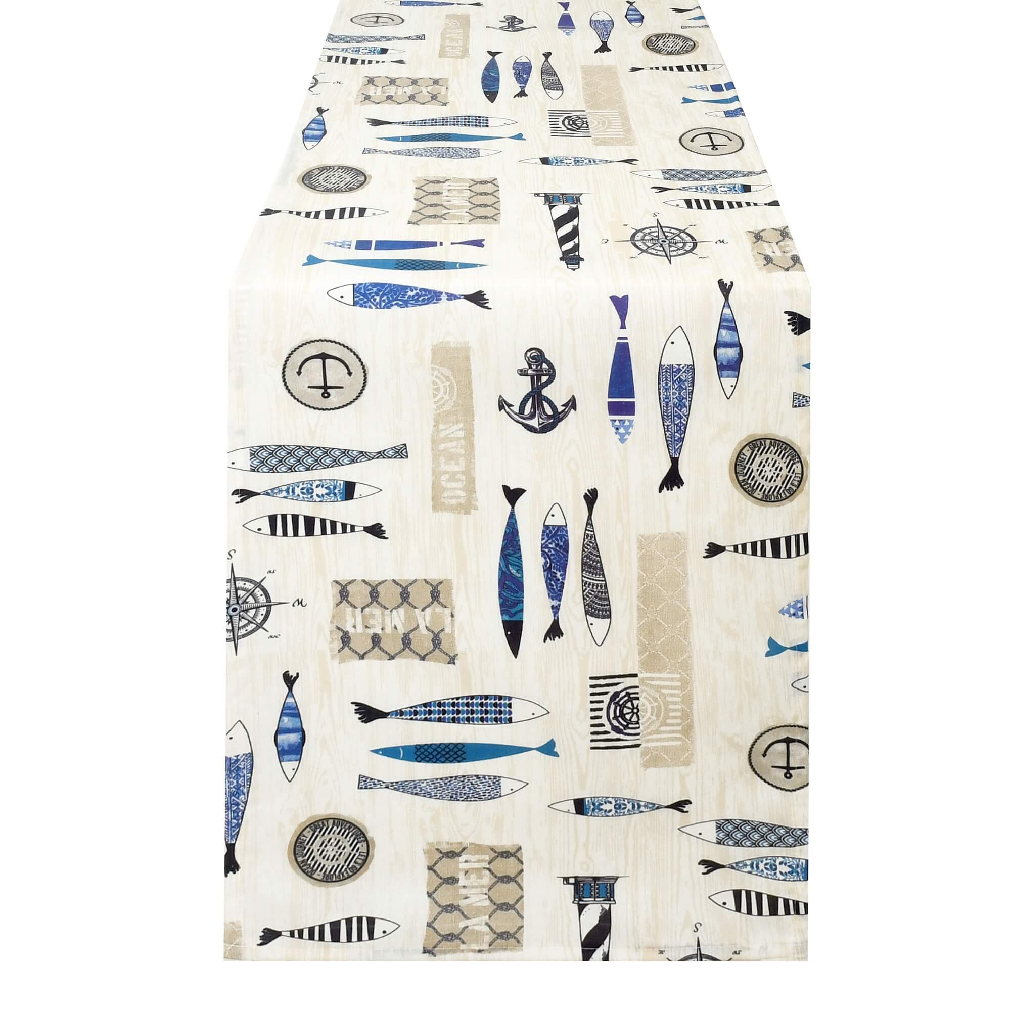 Tischläufer modern Meer mit Fleckschutz - Leinenoptik, Weiß mit maritimen Motiven in Blau