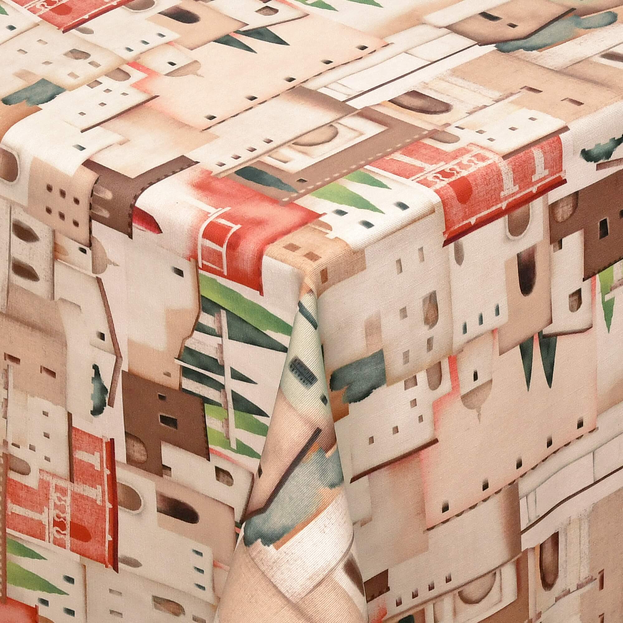 Abwaschbare Tischdecke mit Fleckschutz - Leinenoptik, Mediterrane Gebäude in Beige-Grün