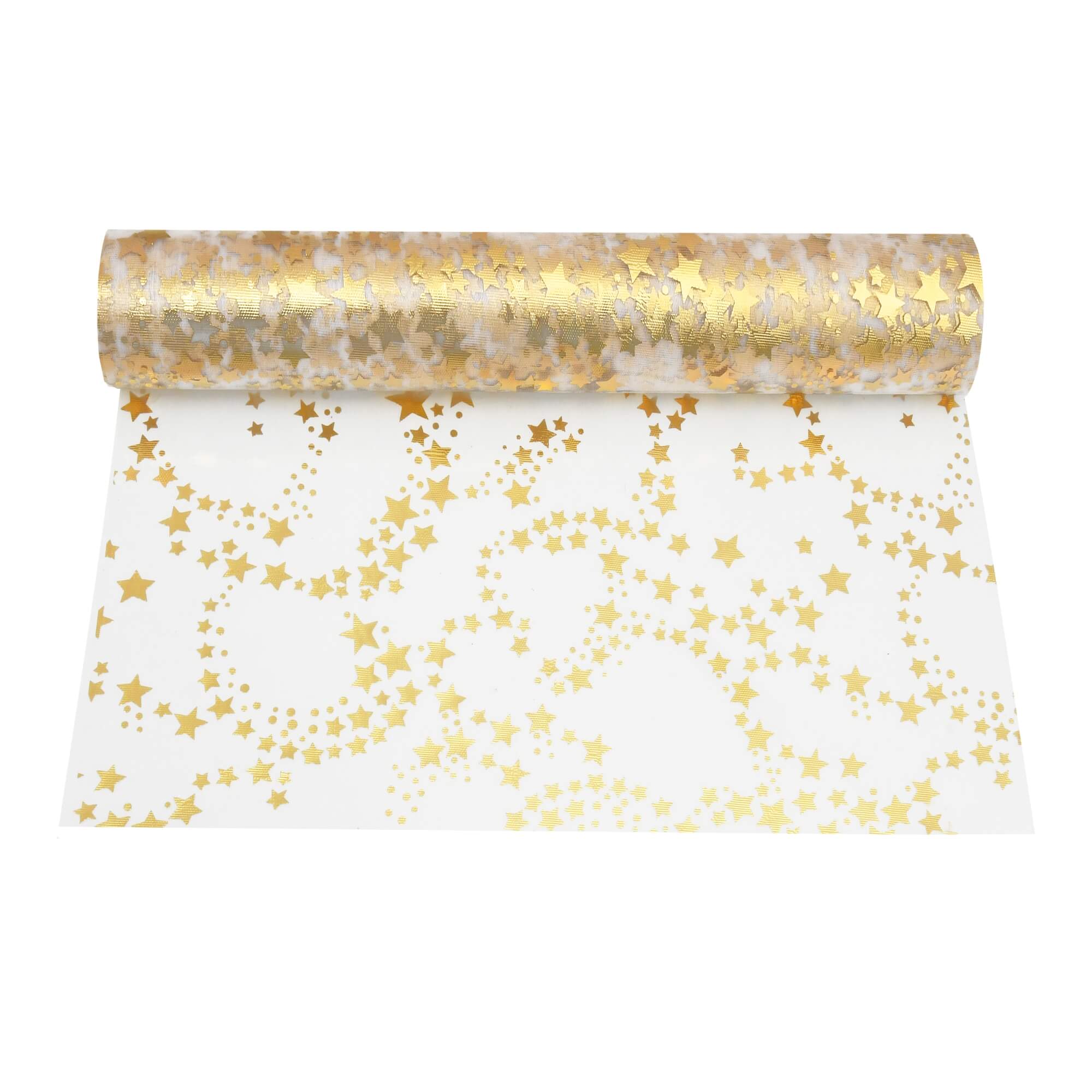 Moderno® Tischläufer Organza 5 m – Glitzernde Sterne in Gold, 28 cm Breite, Weihnachtsdeko, Silvester, Elegantes Tischband für Feiern & Events