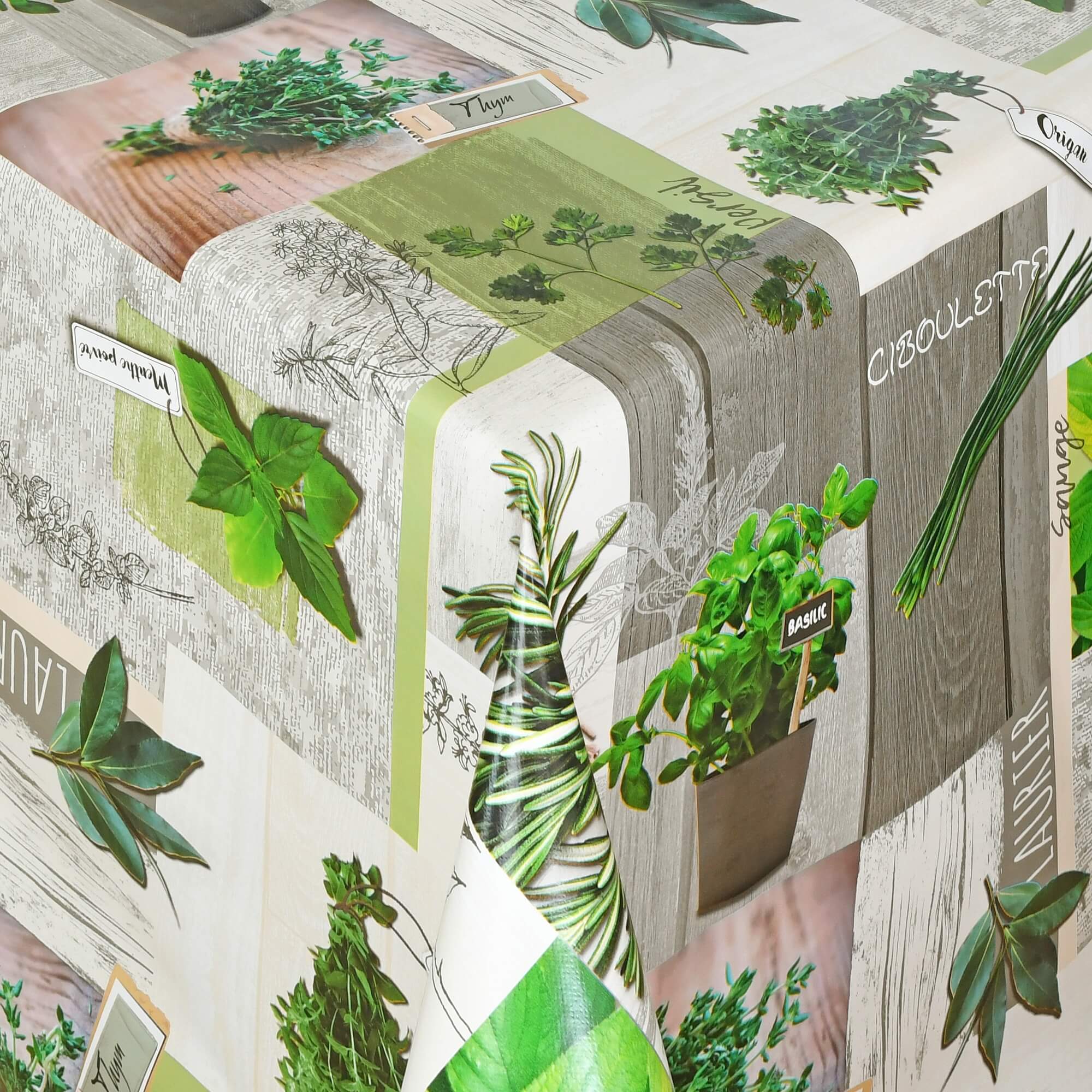 Tischdecke Abwaschbar Wachstuch Kräuter-Motiv Grün auf Holzoptik im Wunschmaß Tischdecke Abwaschbar Wachstuch Kräuter-Motiv Grün auf Holzoptik im Wunschmaß