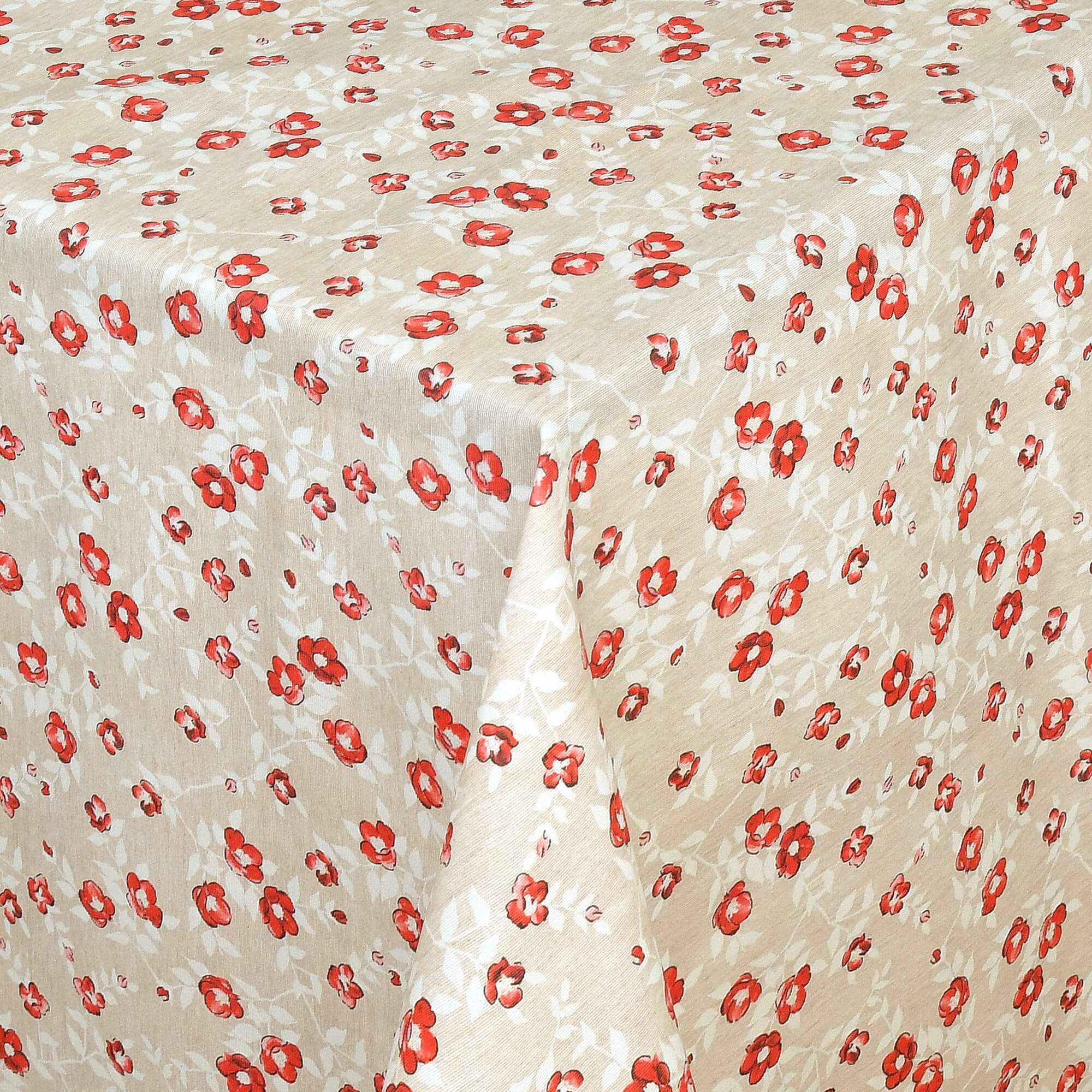 Moderno® Abwaschbare Tischdecke mit Fleckschutz – Zartes Blümchenmuster in Rot auf beigem Hintergrund