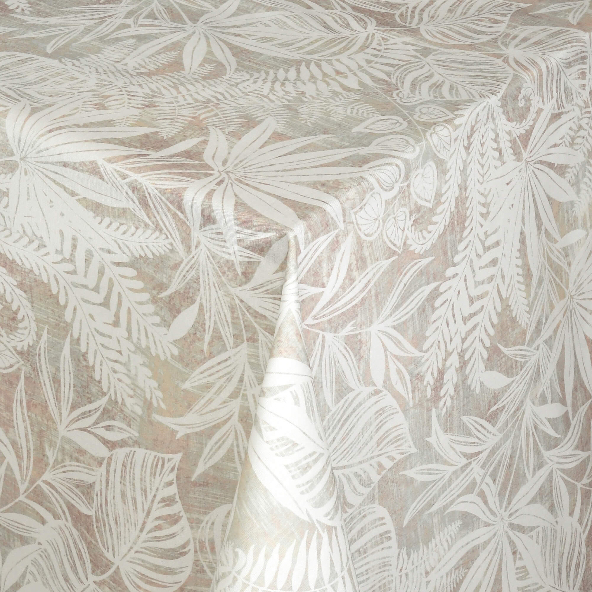 Moderno® Abwaschbare Tischdecke mit Fleckschutz - Leinenoptik, Tropische Blätter in Beige-Weiss