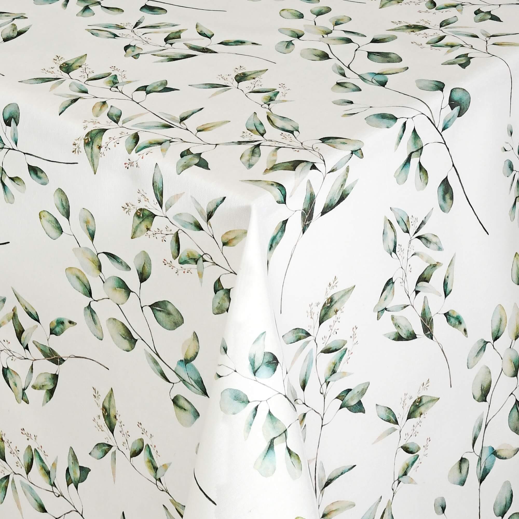 Abwaschbare Tischdecke mit Fleckschutz - Leinenoptik, Eukalyptuszweige Grün-Weiss