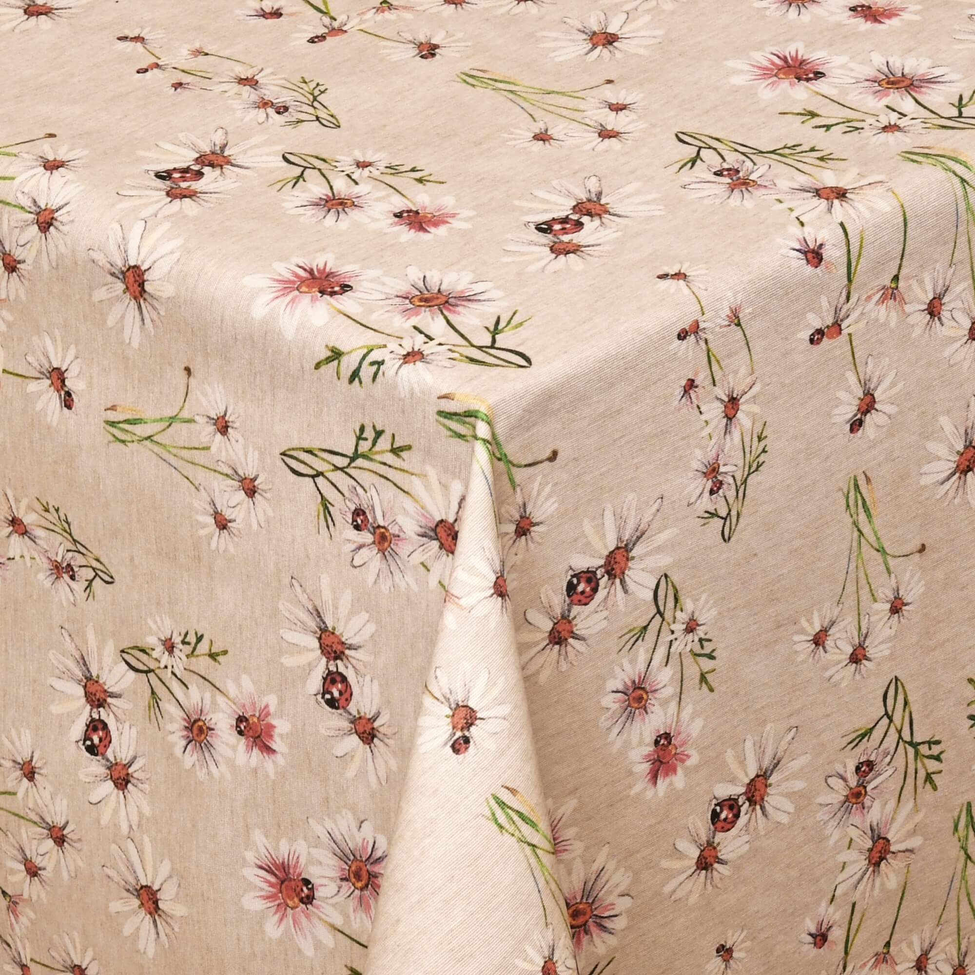 Moderno® Abwaschbare Tischdecke mit Fleckschutz - Leinenoptik, Blumen & Marienkäfer auf Beige