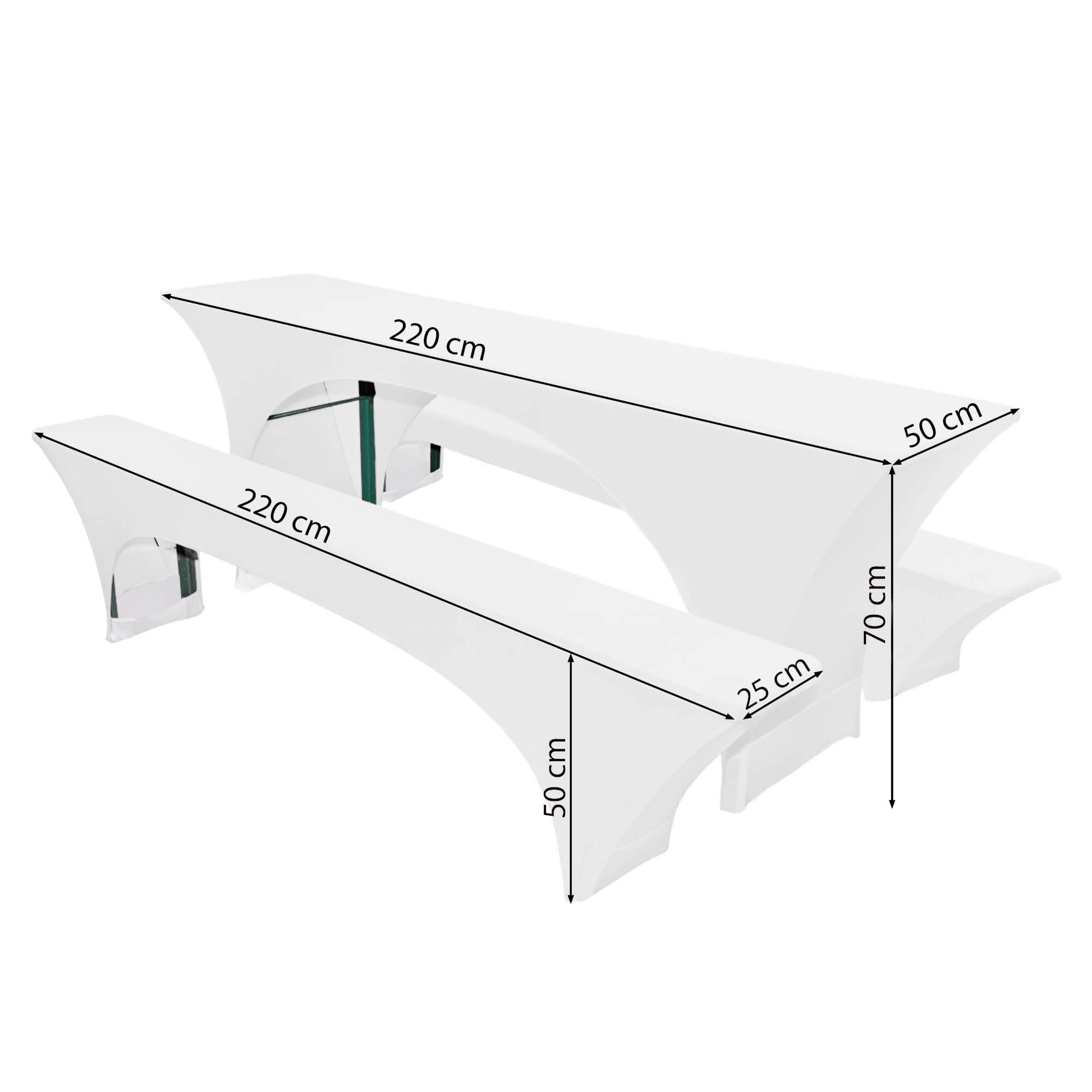 Stretch Hussen 3 teiliges Set in Weiss für 50er Festzeltgarnitur mit Bierbankhussen und Biertischhusse