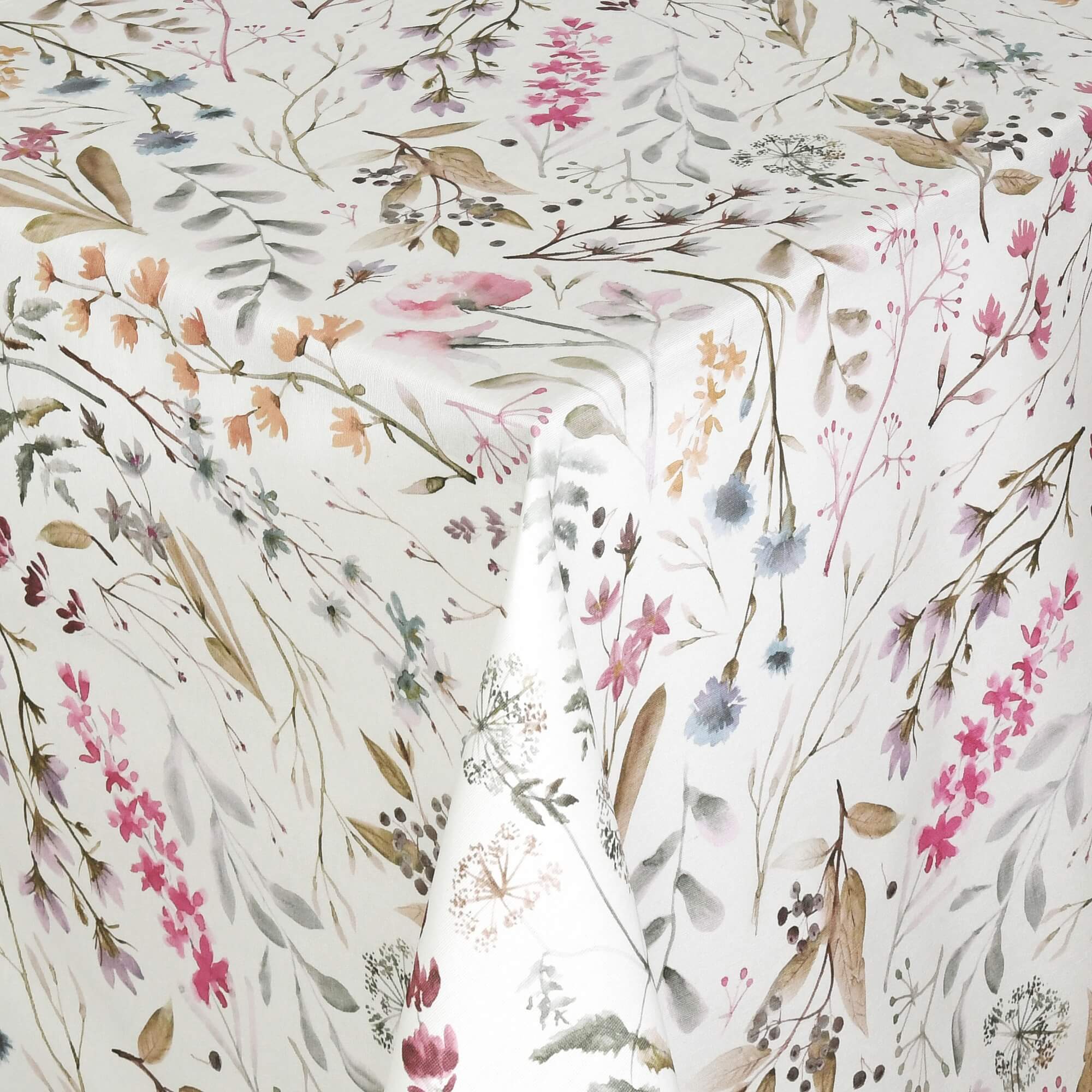 Moderno® Abwaschbare Tischdecke mit Fleckschutz - Leinenoptik, Zarte Wildblumen auf Weiss Moderno® Abwaschbare Tischdecke mit Fleckschutz - Leinenoptik, Zarte Wildblumen auf Weiss