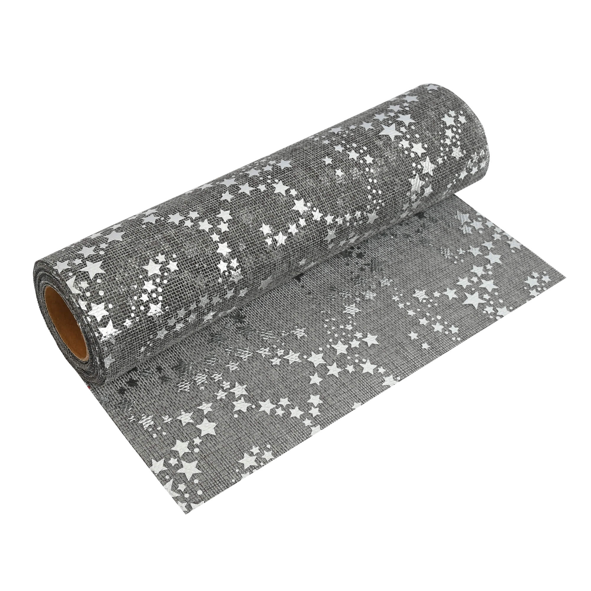 Moderno® Tischläufer Jute-Optik 5 m – Festliche Sterne in Silber, 28 cm Breite, Weihnachtsdeko, Silvester, Tischband für Feiern & Events