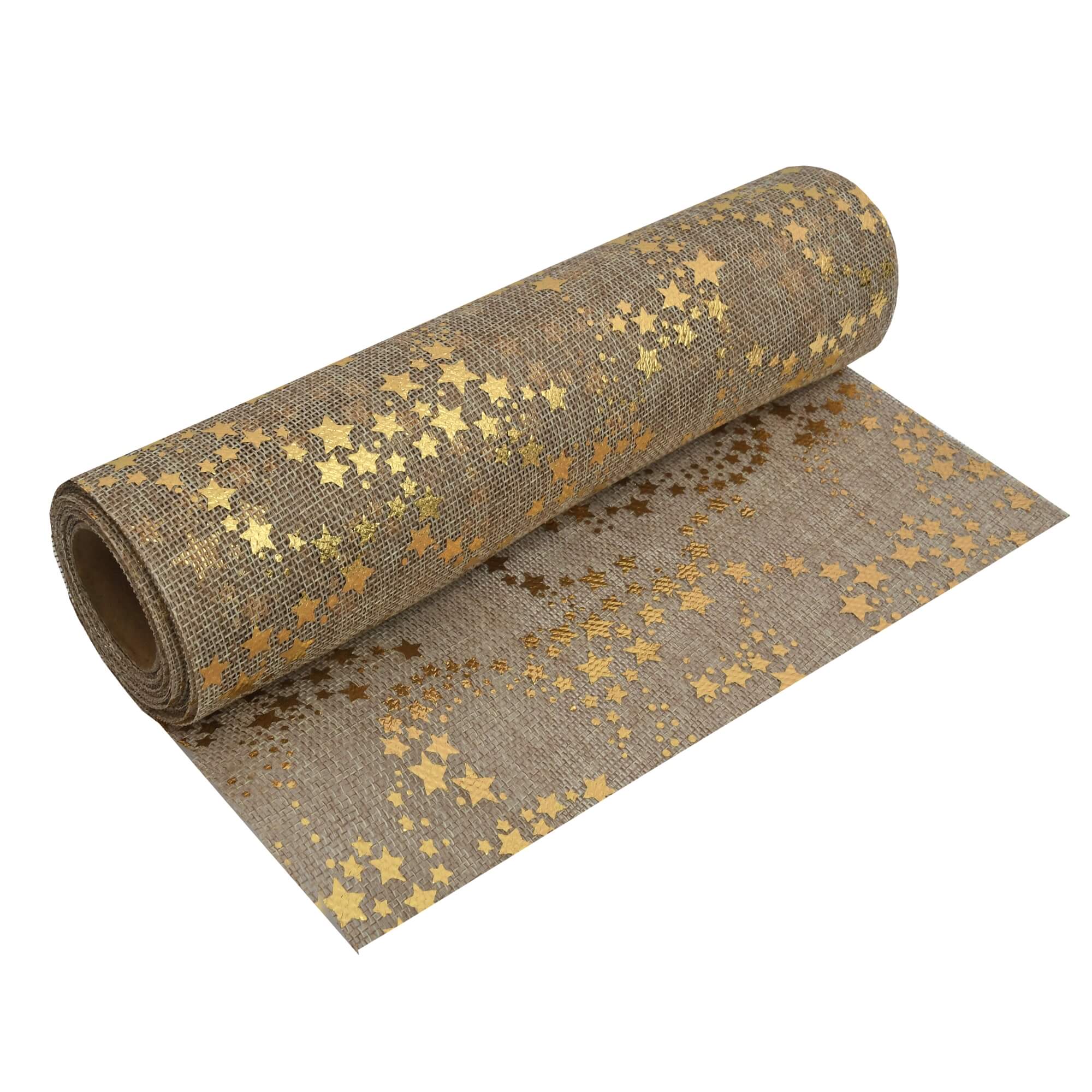 Moderno® Tischläufer Jute-Optik 5 m – Festliche Sterne in Gold, 28 cm Breite, Weihnachtsdeko, Silvester, Tischband für Feiern & Events