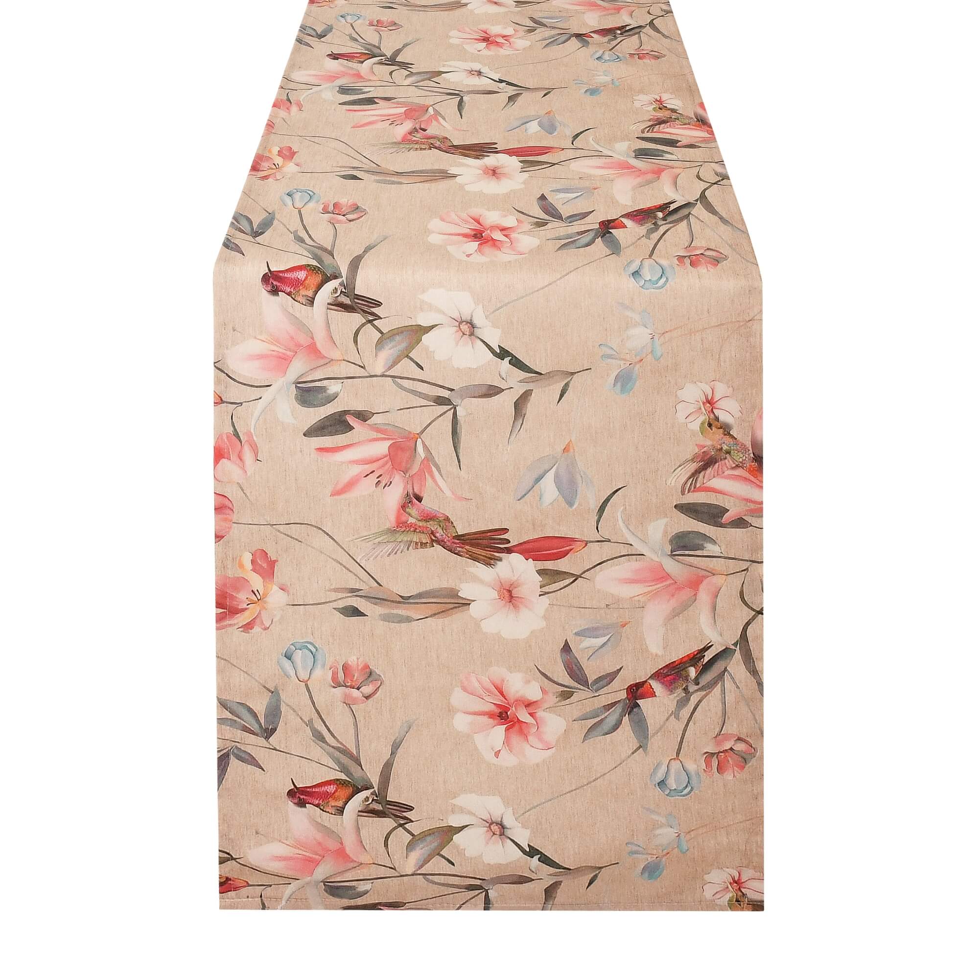 Tischläufer modern mit Fleckschutz – Exotische Kolibris & Leinenoptik in Beige Tischläufer modern mit Fleckschutz – Exotische Kolibris & Leinenoptik in Beige