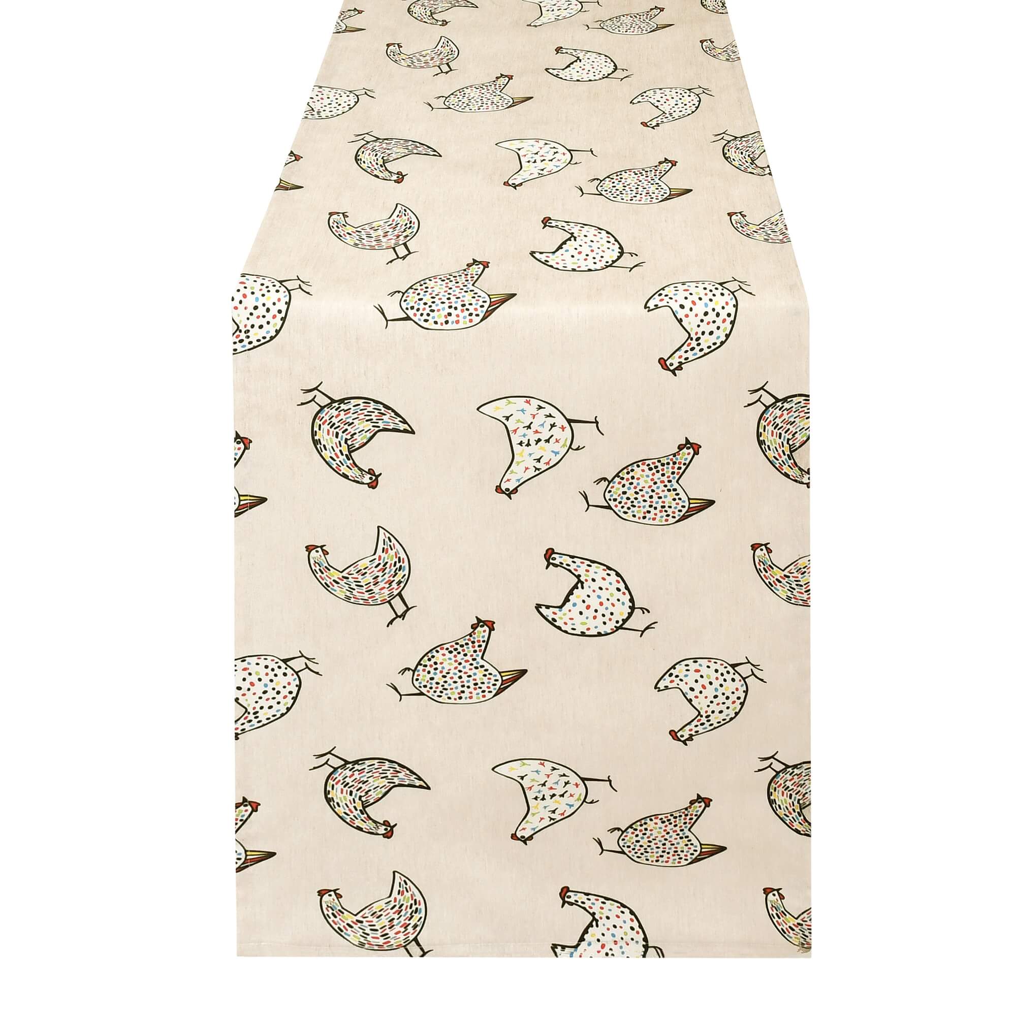Tischläufer modern Hühner mit Fleckschutz - Leinenoptik, Beige mit bunten Hühnern Tischläufer modern Hühner mit Fleckschutz - Leinenoptik, Beige mit bunten Hühnern