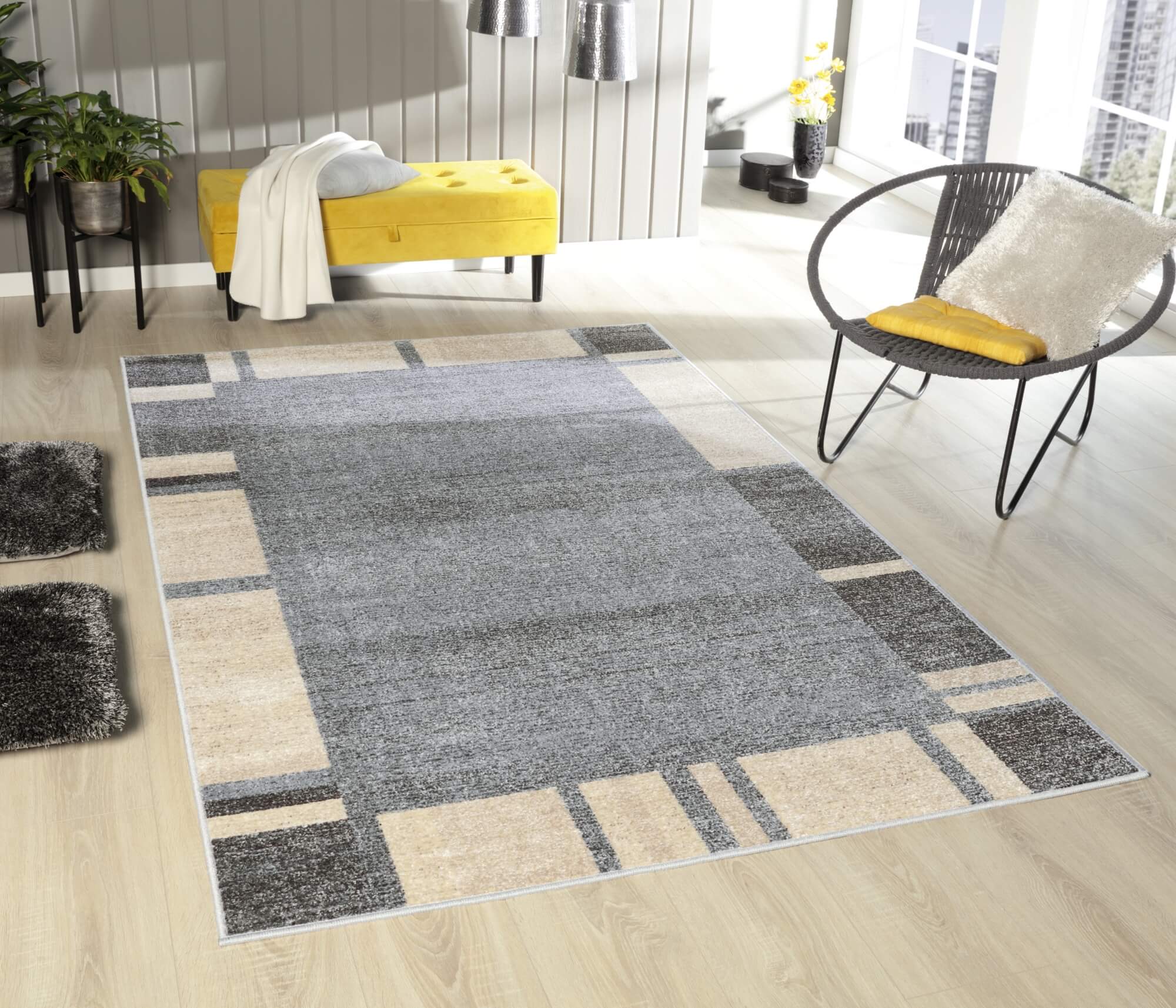 Teppich Ylva – Grau mit feinem Muster – Kurzflor – modern & pflegeleicht für Wohnzimmer