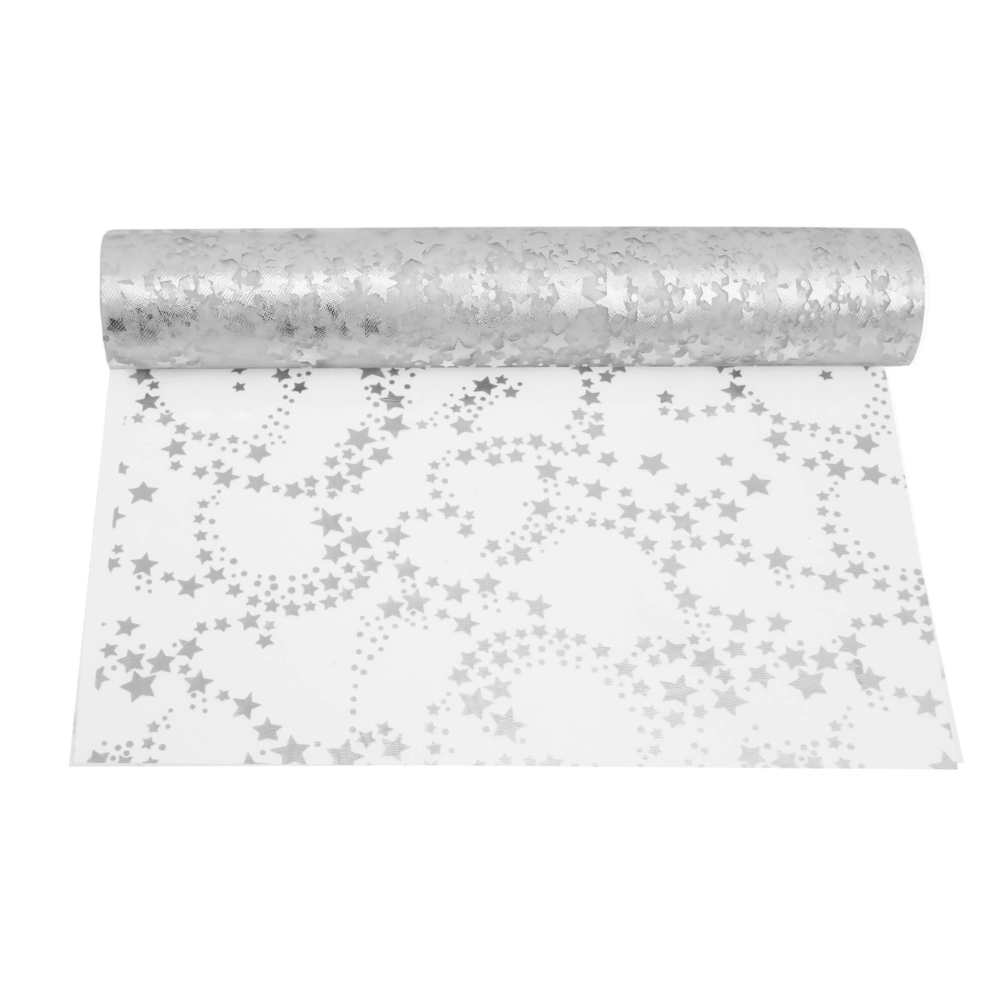 Moderno® Tischläufer Organza 5 m – Glitzernde Sterne in Silber, 28 cm Breite, Weihnachtsdeko, Silvester, Elegantes Tischband für Feiern & Events