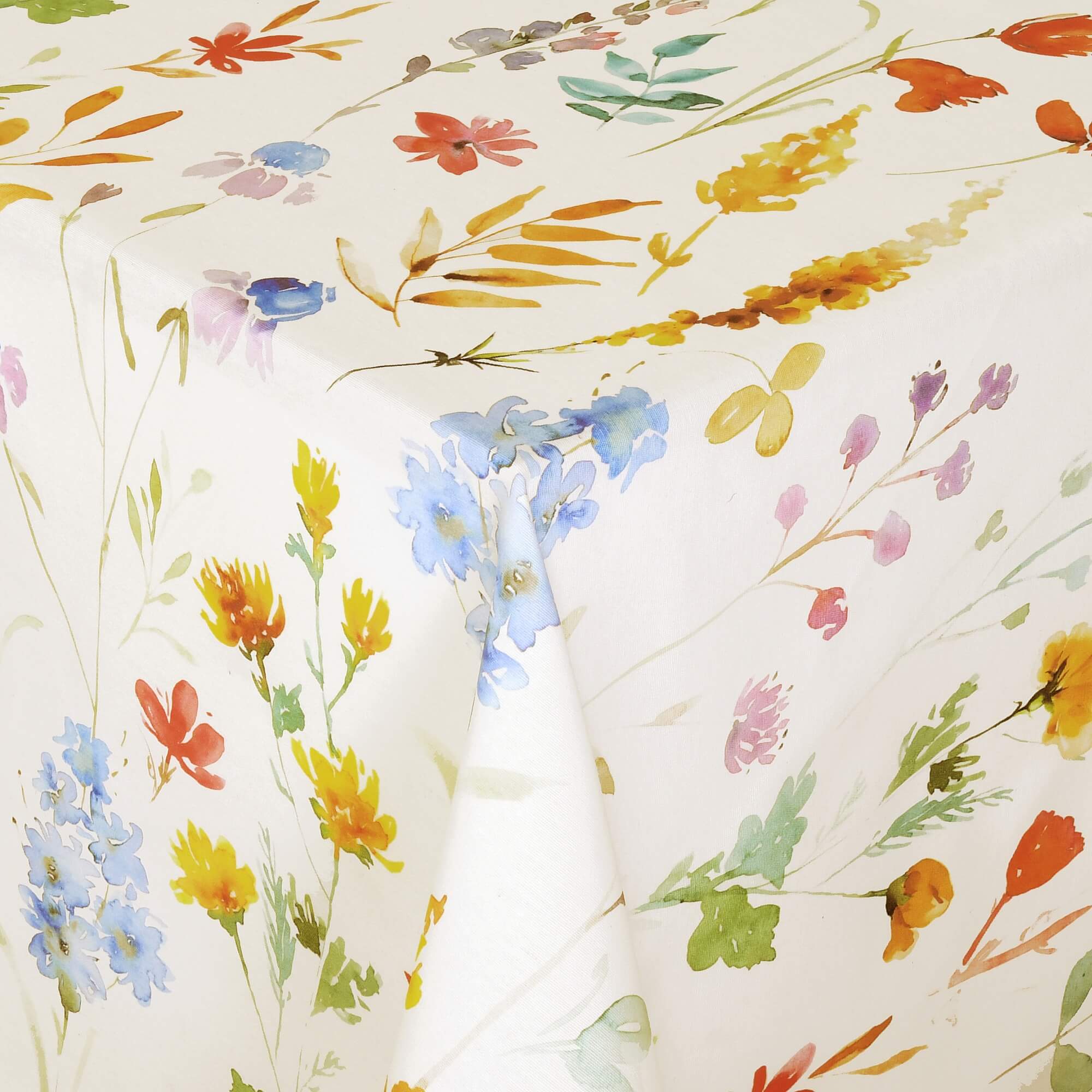 Moderno® Abwaschbare Tischdecke Blumenwiese mit Fleckschutz - Leinenoptik, Gelb mit Pastellblumen