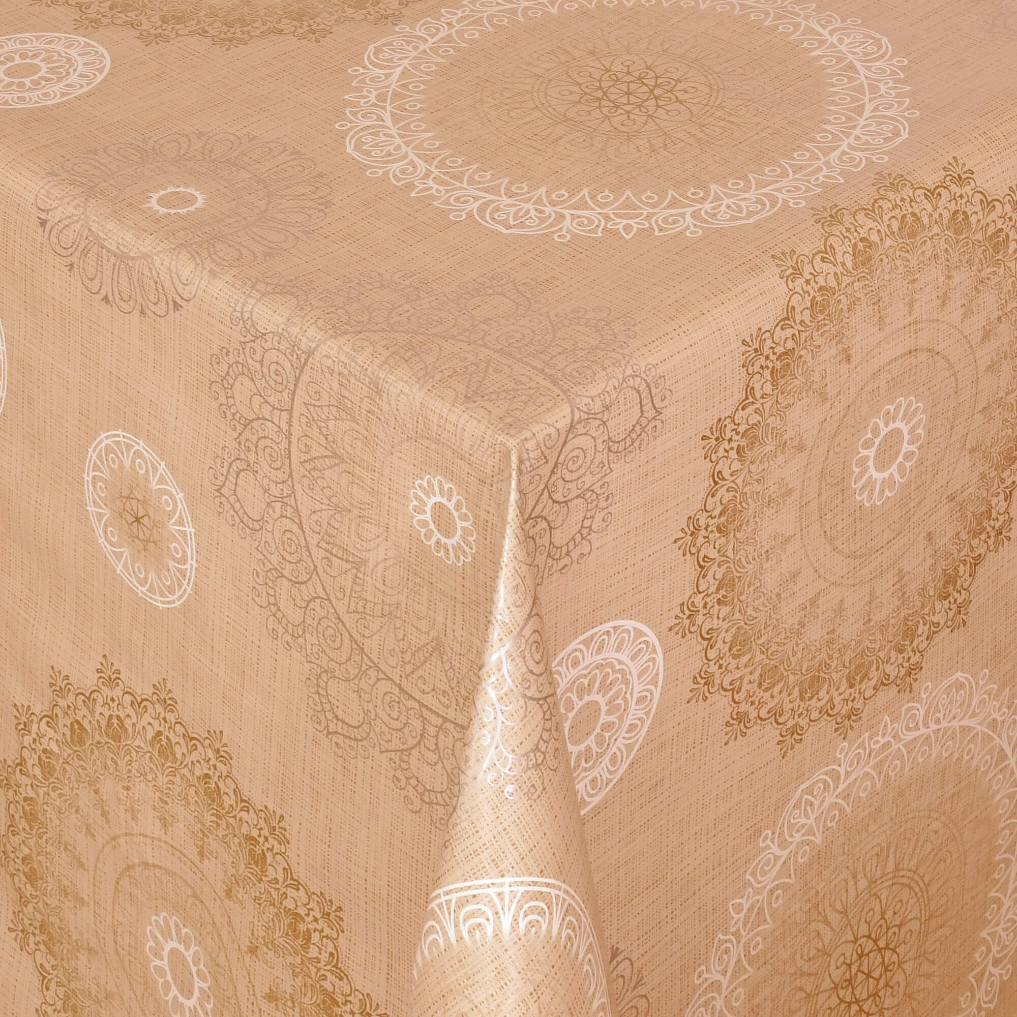 Tischdecke Abwaschbar Wachstuch Mandala-Motiv Beige im Wunschmaß