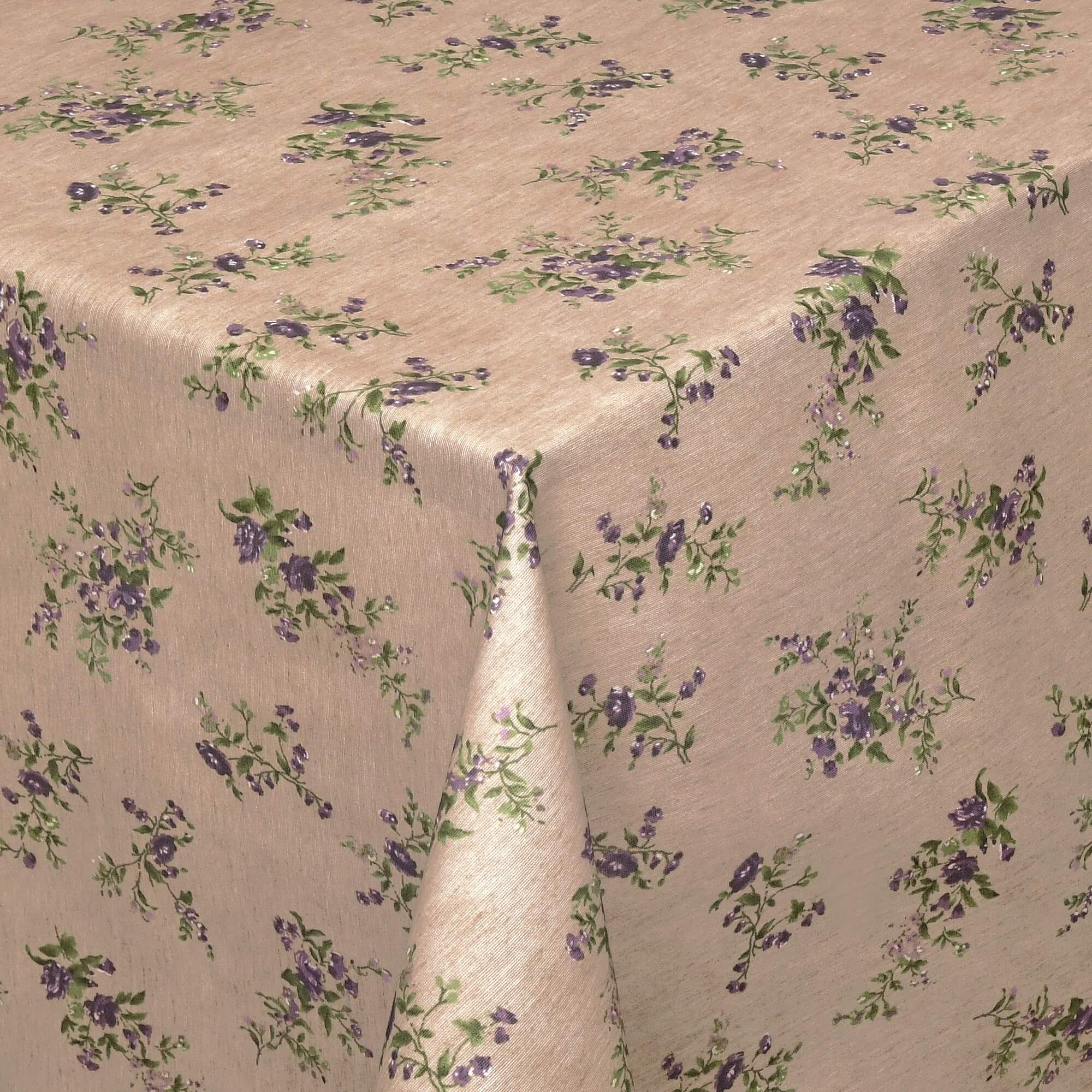 Moderno® Abwaschbare Tischdecke mit Fleckschutz - Leinenoptik, Blütenzweige in Lila-Grün auf Hell-Braun