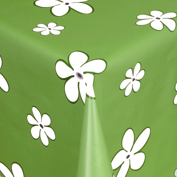 Tischdecke Abwaschbar Wachstuch Blumen Motiv Grün Weiss im Wunschmaß