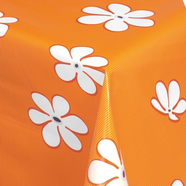 Tischdecke Abwaschbar Wachstuch Blumen Motiv Orange Weiss im Wunschmaß