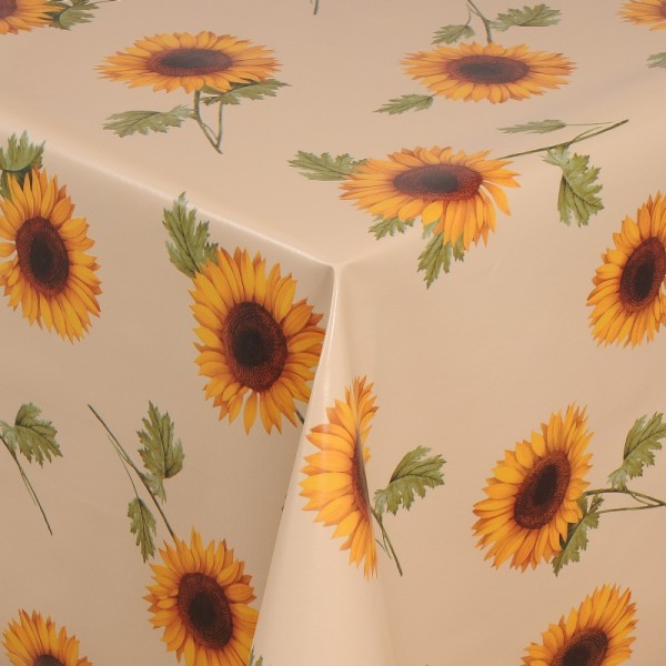 Tischdecke Abwaschbar Wachstuch Sonnenblumen Motiv Beige im Wunschmaß