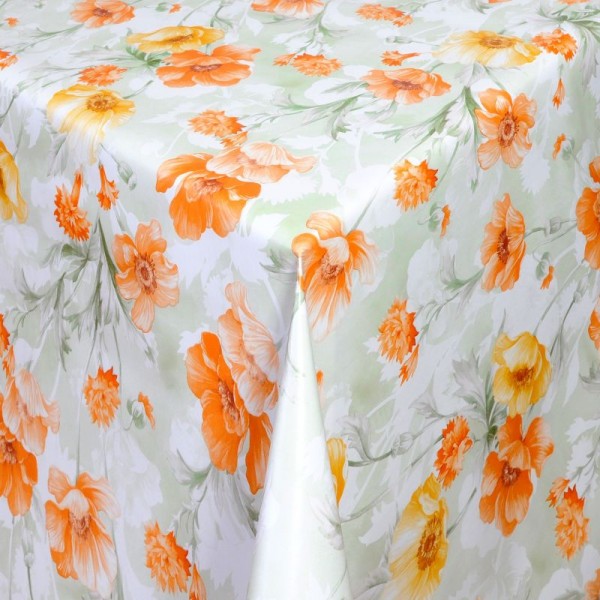 Tischdecke Abwaschbar Wachstuch Blumen Motiv Grün Orange im Wunschmaß